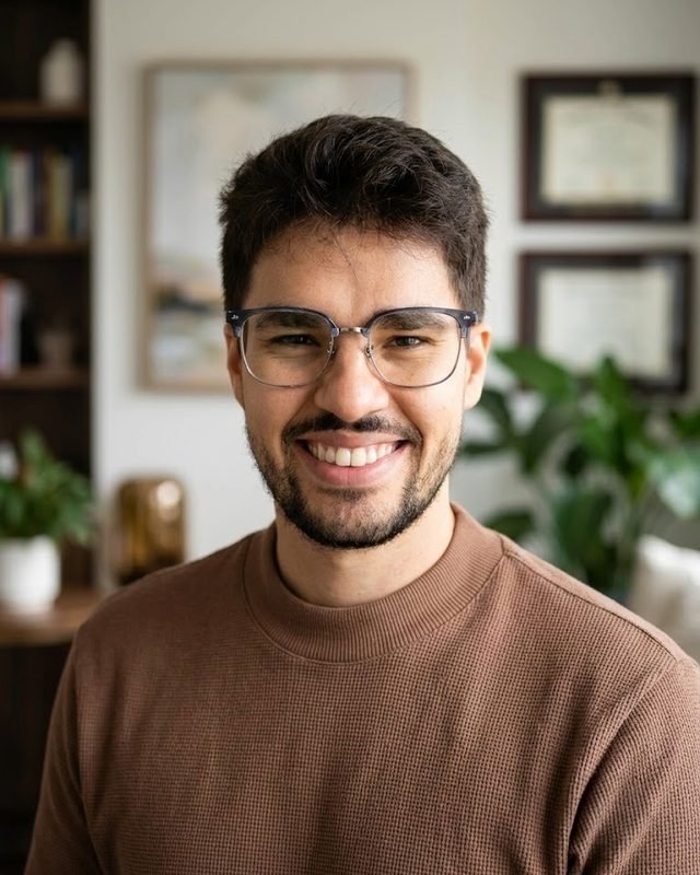 Retrato de Gabriel Narici, psicólogo clínico, sorrindo, usando óculos e suéter, sobre fundo neutro claro.